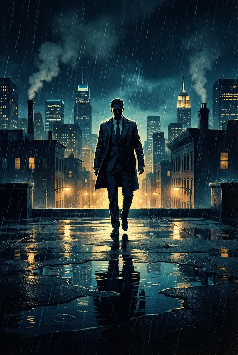 塞珠子自己排出来车冰秋 出品影片《雨夜独行者》海报，雨中城市屋顶男性剪影
